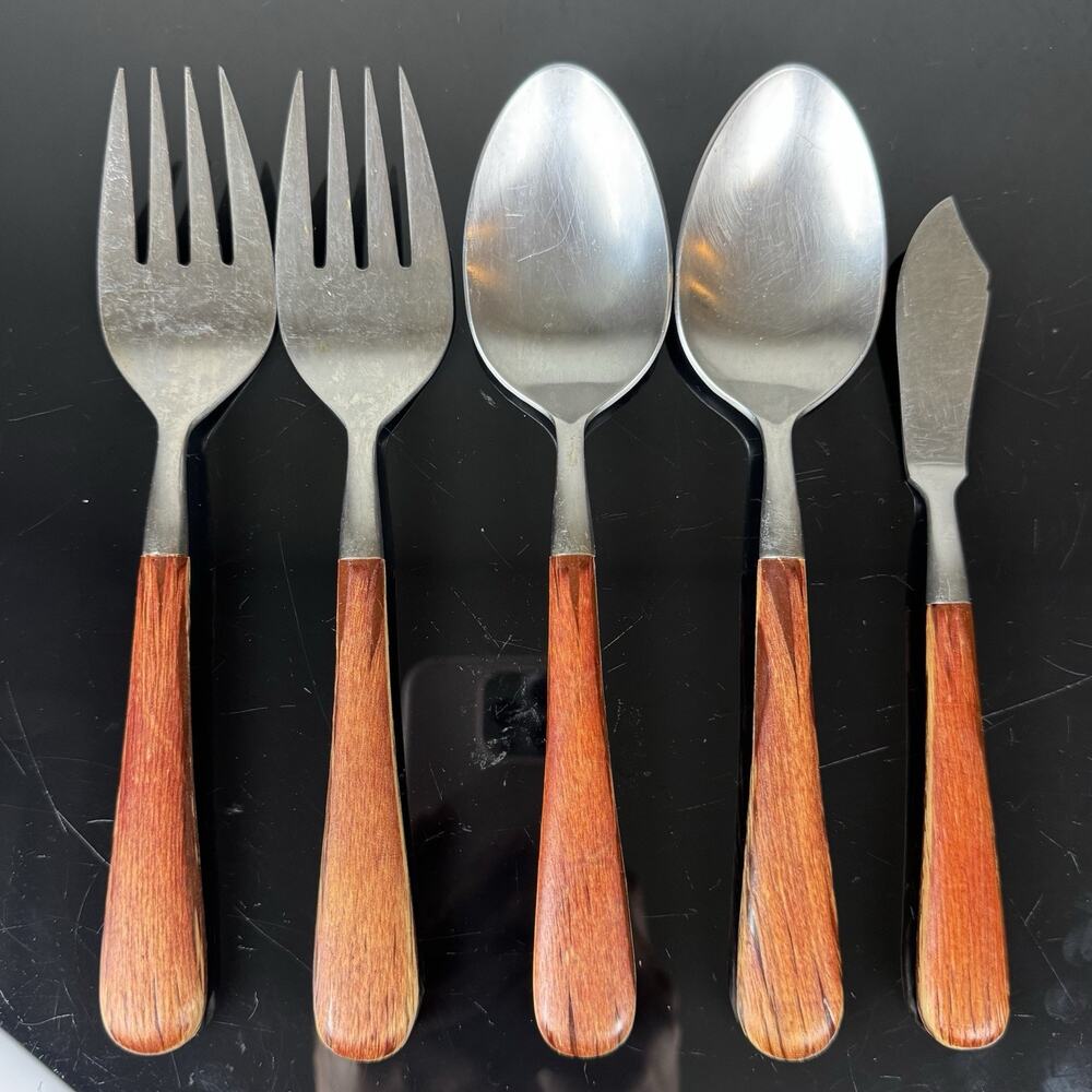 Vintage Dansk Teak Wood Handle Flatware Lot 5 Pc Stainless Japan MCM Danish